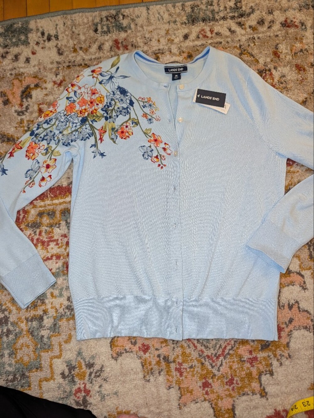 Lands' End Women's M Pale Blue Cardigan Multicolor Floral Embroidery